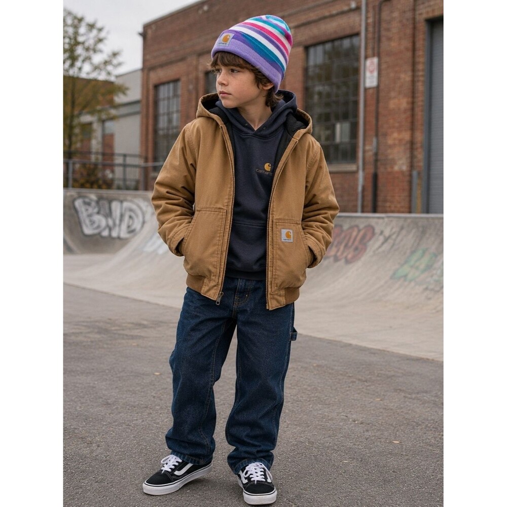 Carhartt Youth One Size Striped Beanie Hat Winter Fleece Lined Purple Pink Blue